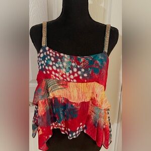 ZARA Multicoloured Beaded Strap Ruffle Frill Layered Sleeveless Cami Top, Size M